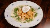 Dill sauce with poached egg and Carlsbad dumplings in egg